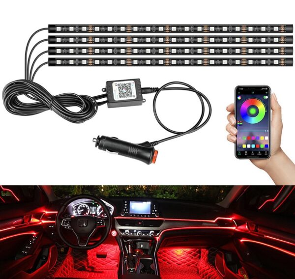 4 смужки по 12 яскравих світлодіодів RGB SMD 5050. Міцні стрічки легко встановлюються в салоні будь-якого авто. Гумова основа стр...@